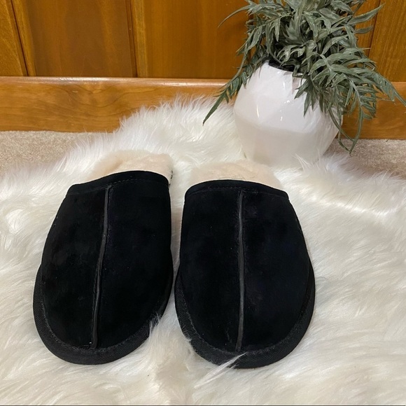 UGG: Men's Suede Wool Scuff Slipper Indoor Black Cream Slip Slide On Slippers 8 - Picture 2 of 8